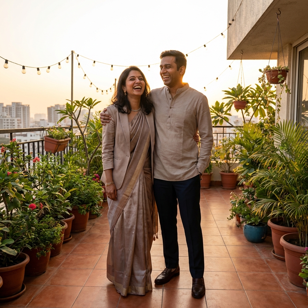 खुशहाल भारतीय विवाहित जोड़ा