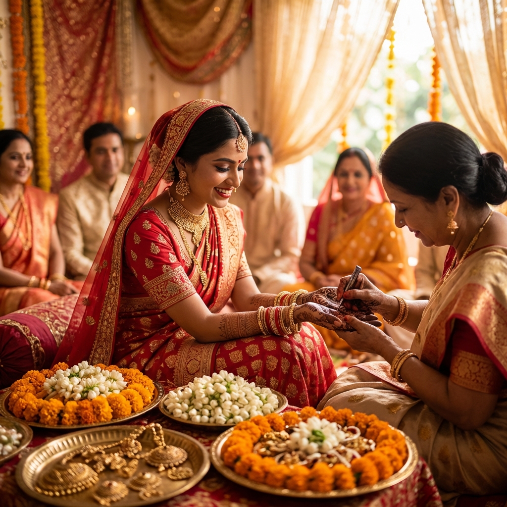 शादी की तैयारी करती भारतीय दुल्हन